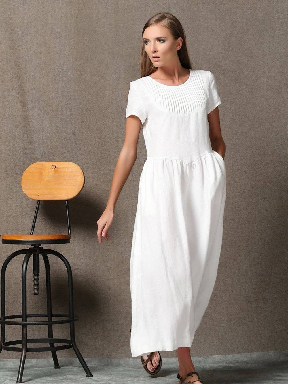 White Pleated Yoke Short Sleeve Maxi Dress